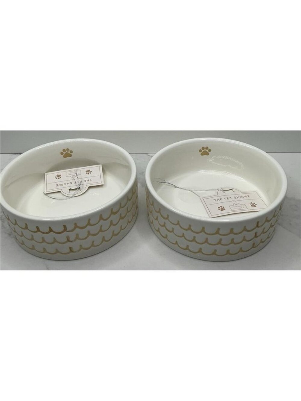 10 Strawberry Street 2 Pet Bowl Paw Waves Designs Tan Ceramic New